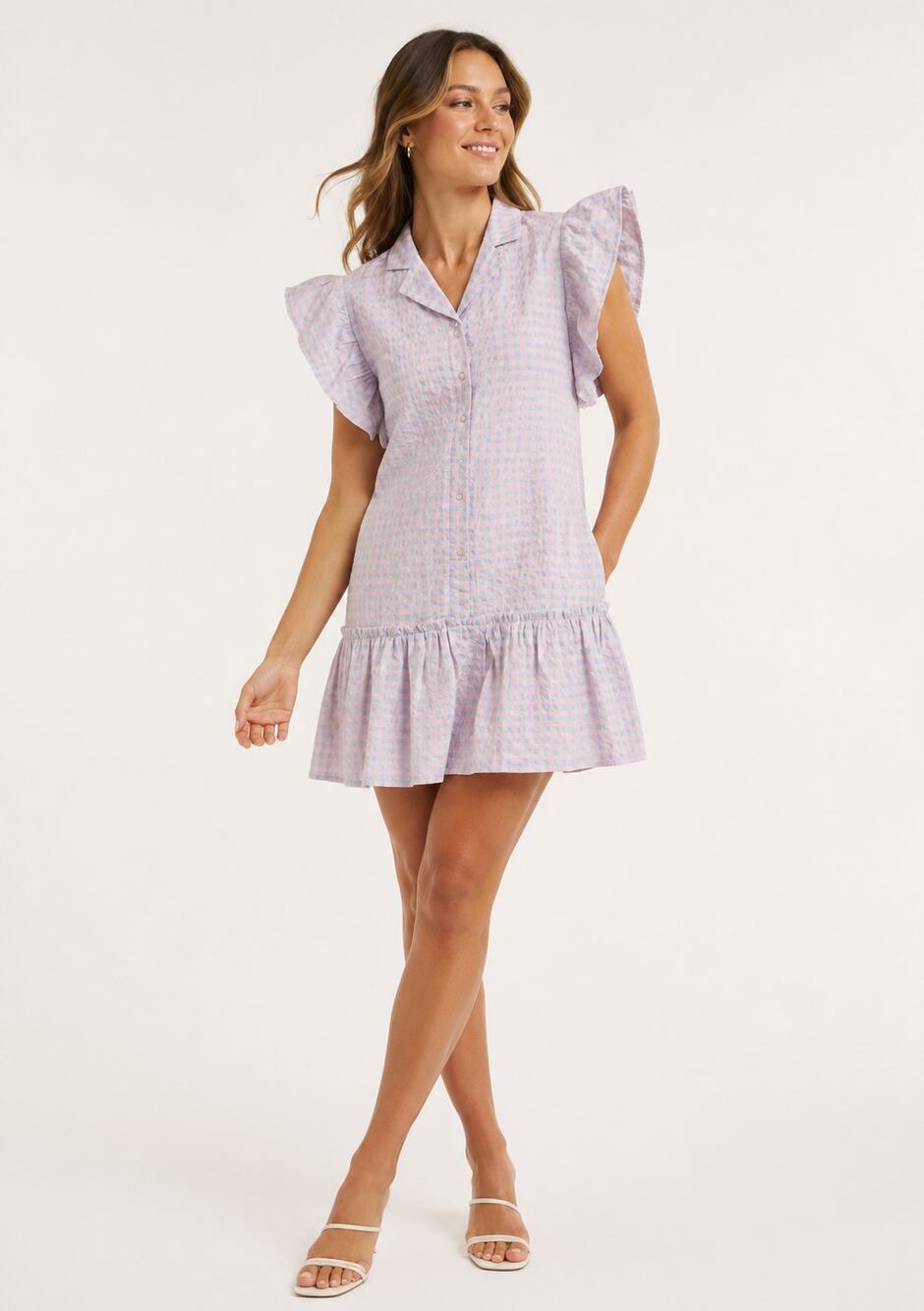 The Shirt by Rochelle Behrens Hillary Dress XS Pastel Gingham Ruffle Sleeve